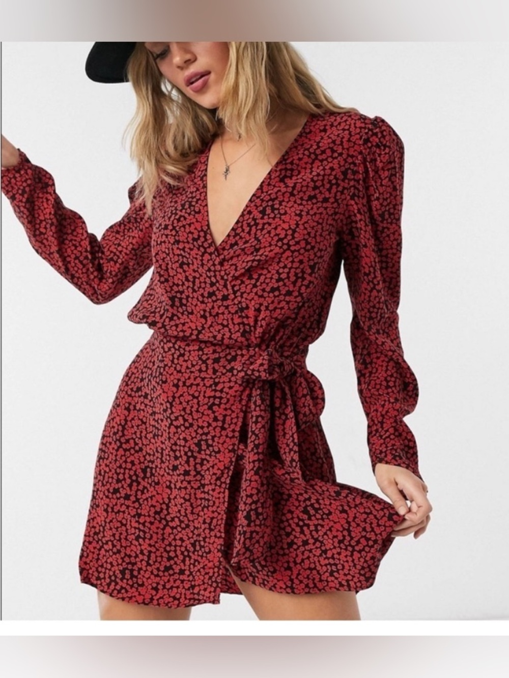 Free People Red and Black Floral Long Sleeve Wrap Dress